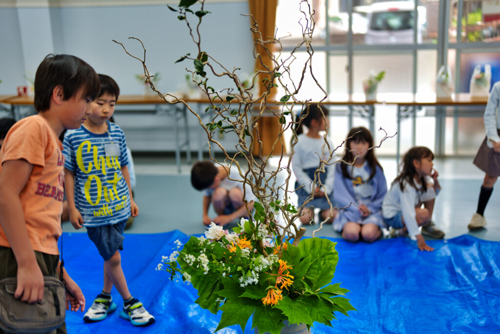 活けた雲龍椿を見る子どもたち